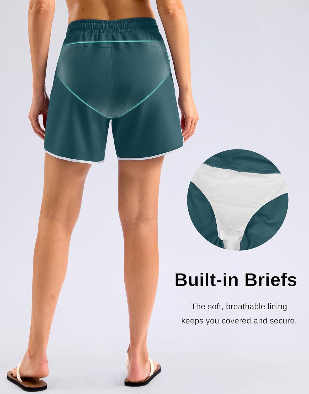 imageG Gradual Womens 5 Swim Shorts Zipper Pockets Quick Dry Board Shorts Bathing Suit Bottom with Liner Running Athletic ShortsDeep Green