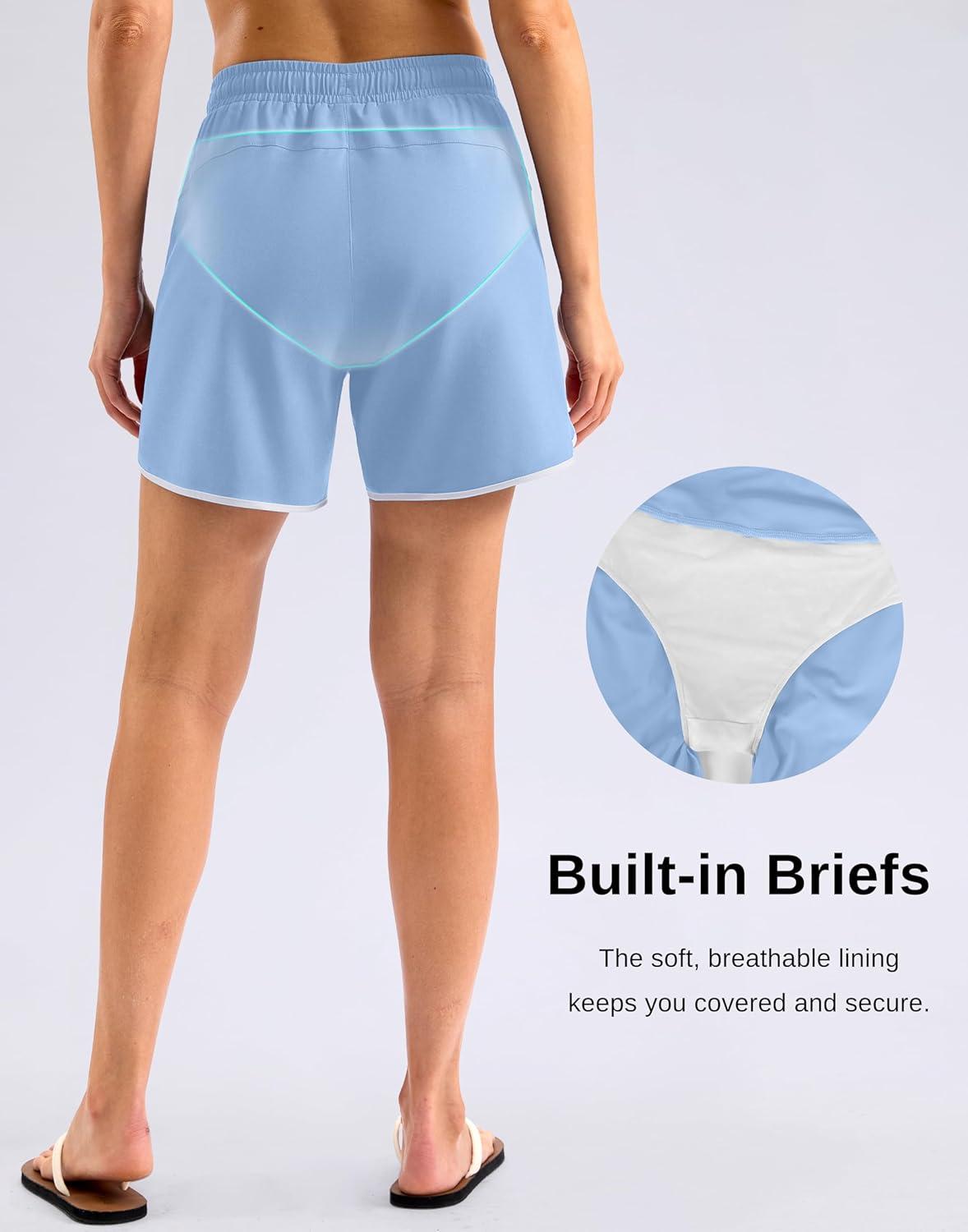 imageG Gradual Womens 5 Swim Shorts Zipper Pockets Quick Dry Board Shorts Bathing Suit Bottom with Liner Running Athletic ShortsLight Haze Blue