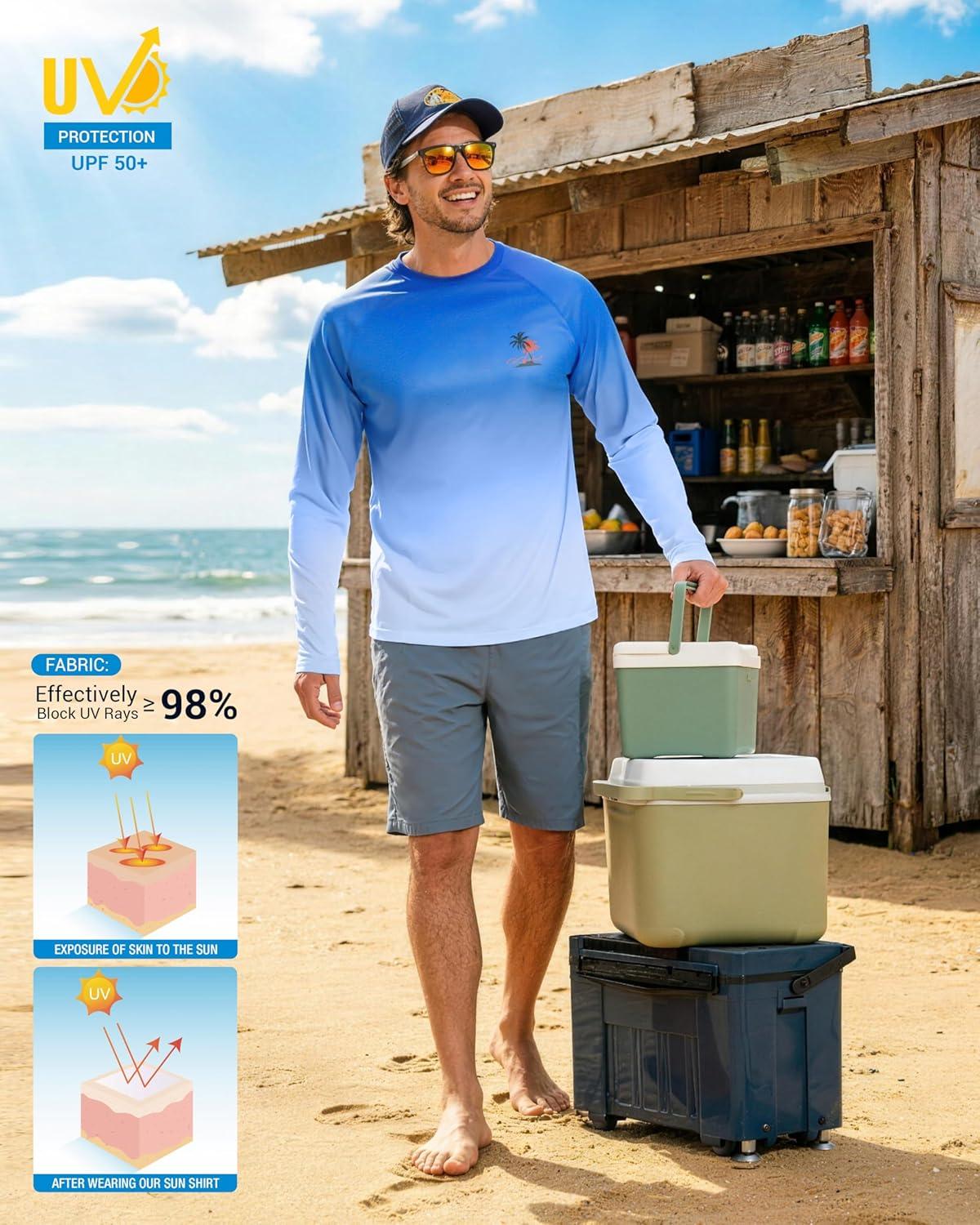 imageMens Sun Protection Shirts UPF 50 Rash Guard for Men Swim Long Sleeve Hiking Fishing Athletic Workout ShirtSun Coconut Tree