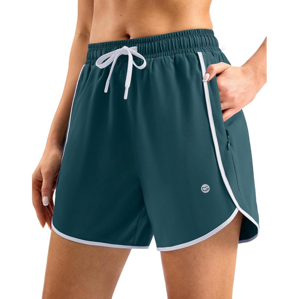 imageG Gradual Womens 5 Swim Shorts Zipper Pockets Quick Dry Board Shorts Bathing Suit Bottom with Liner Running Athletic ShortsDeep Green