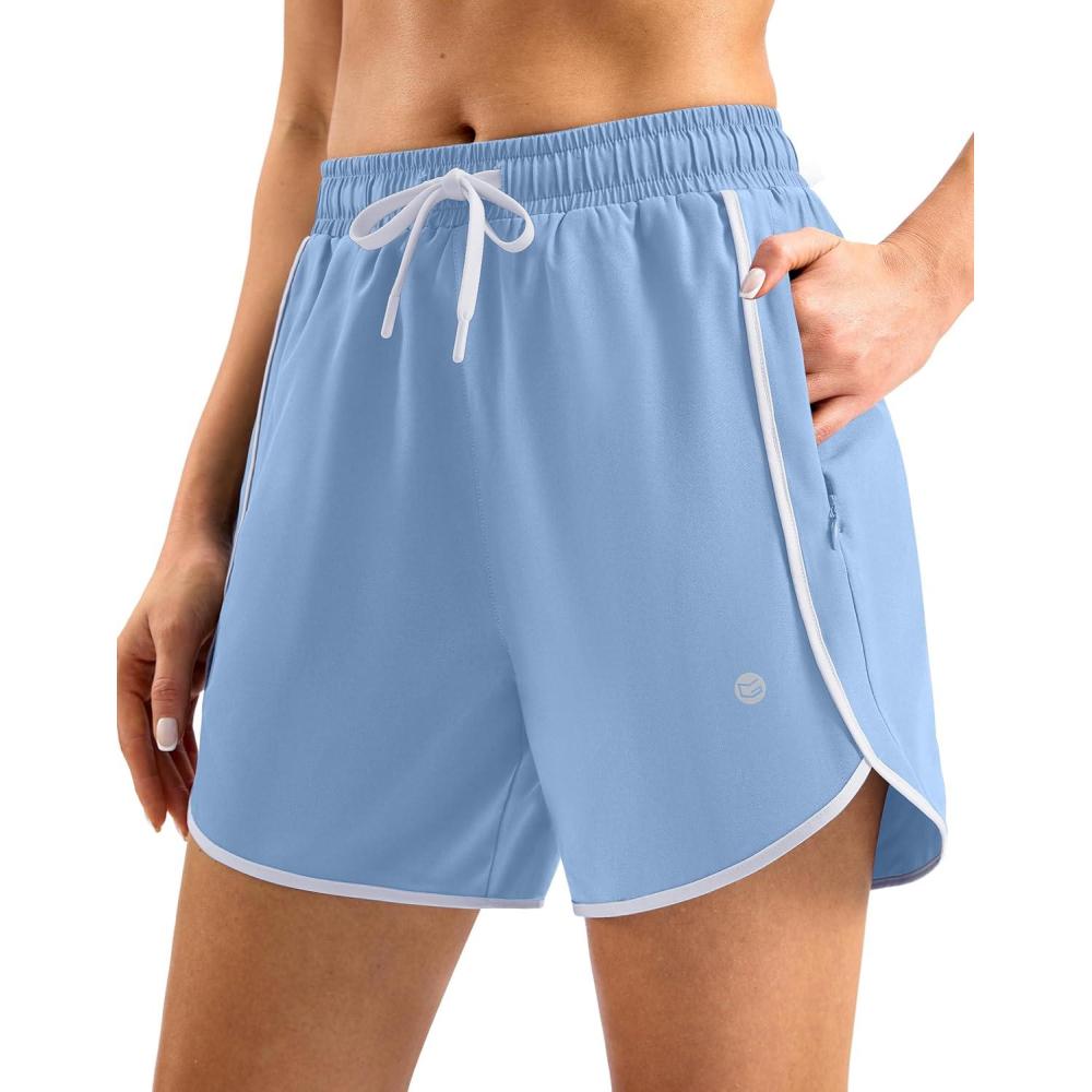 imageG Gradual Womens 5 Swim Shorts Zipper Pockets Quick Dry Board Shorts Bathing Suit Bottom with Liner Running Athletic ShortsLight Haze Blue
