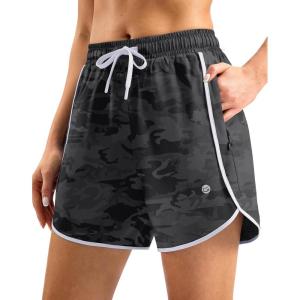 G Gradual Women’s 5″ Swim Shorts Zipper Pockets Quick Dry Board Shorts Bathing Suit Bottom with Liner Running Athletic Shorts(Black Camo)