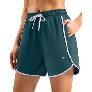 G Gradual Women’s 5″ Swim Shorts Zipper Pockets Quick Dry Board Shorts Bathing Suit Bottom with Liner Running Athletic Shorts(Deep Green)