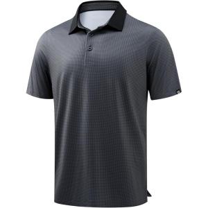 Men’s Golf Polo Shirts Dry Fit Performance Moisture Wicking Casual Print Golf Shirts for Men Breathable(Deep Grey Grid)