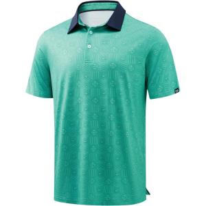 Men’s Golf Polo Shirts Dry Fit Performance Moisture Wicking Casual Print Golf Shirts for Men Breathable(Green Quadrilateral)