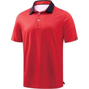Men’s Golf Polo Shirts Dry Fit Performance Moisture Wicking Casual Print Golf Shirts for Men Breathable(Red Polka Dot)