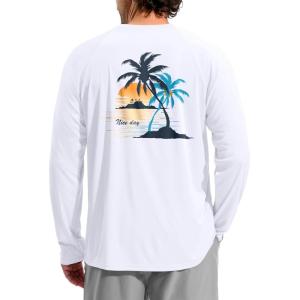 Men’s Sun Protection Shirts UPF 50+ Rash Guard for Men Swim Long Sleeve Hiking Fishing Athletic Workout Shirt(White Coconut Tree)