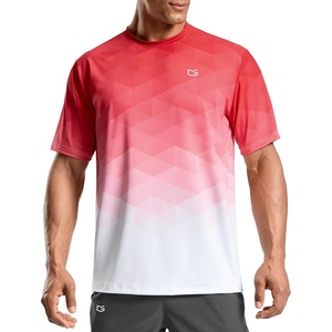 Men’s Athletic Running Shirts Dry Fit Moisture Wicking Workout Gym T-Shirts Short Sleeve Cooling Tee Tops for Men(A-red/White Gradient)