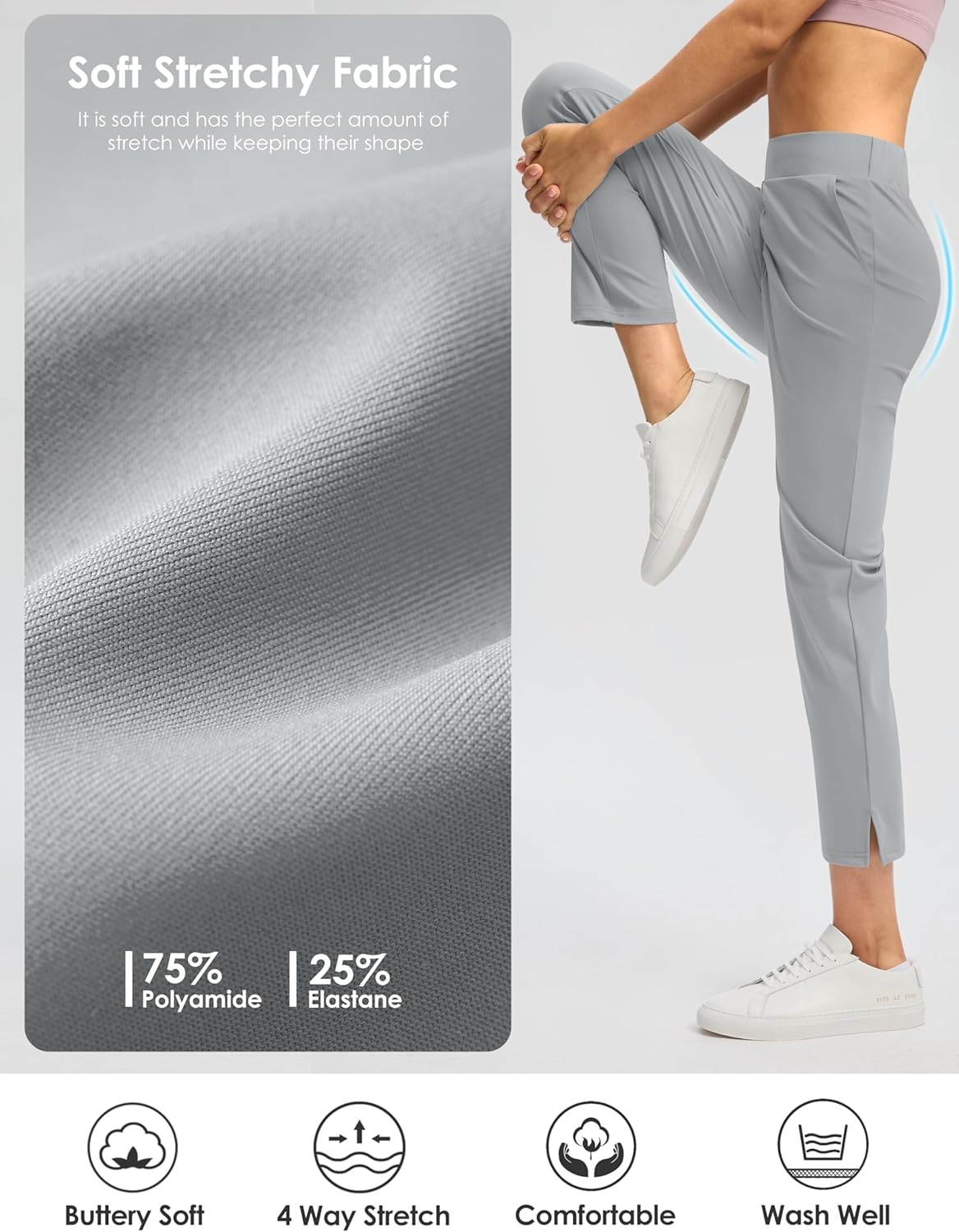 image:imageG Gradual Womens Pants Ankle 78 Golf Pants 3 Pockets Stretchy Travel Pants Inner Drawstring for Work Business CasualBright Grey