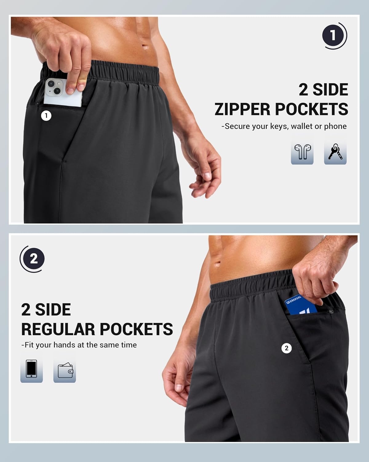 image:imageG Gradual Mens Workout Gym Shorts with 2 Zipper Pockets 7 5 9 Quick Dry Athletic Running Basketball Shorts for MenBlack