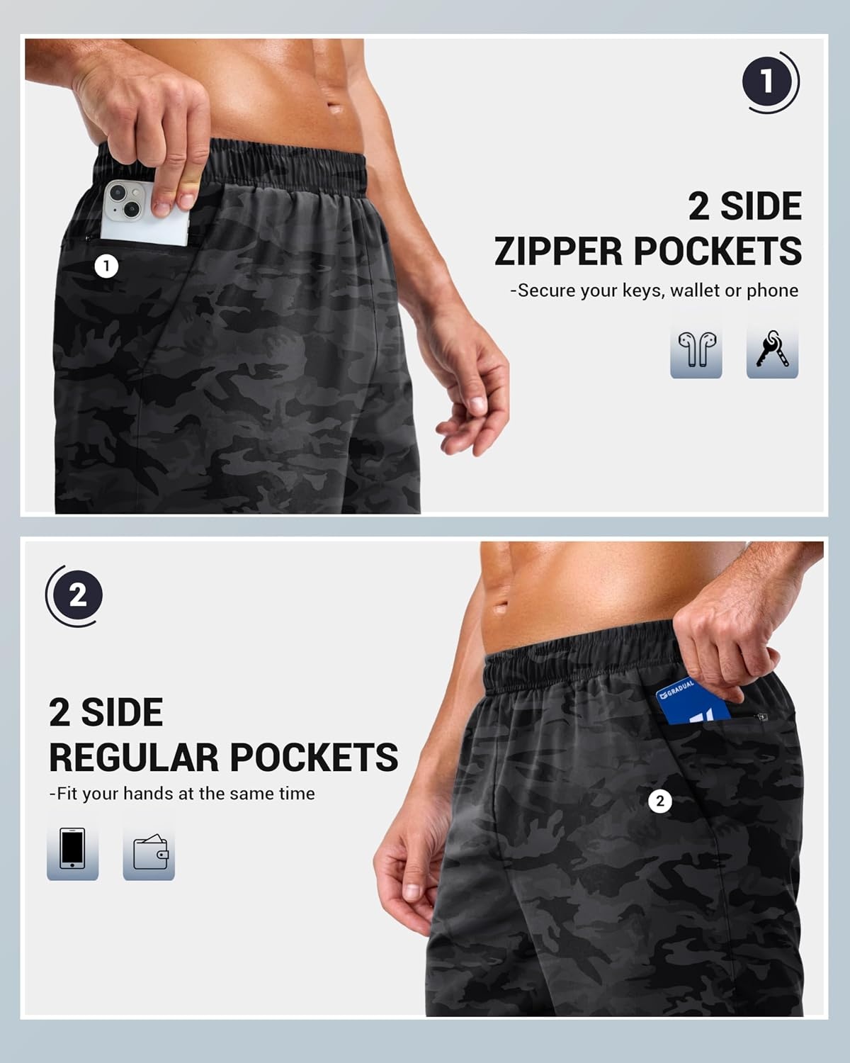 image:imageG Gradual Mens Workout Gym Shorts with 2 Zipper Pockets 7 5 9 Quick Dry Athletic Running Basketball Shorts for MenGrey Camo