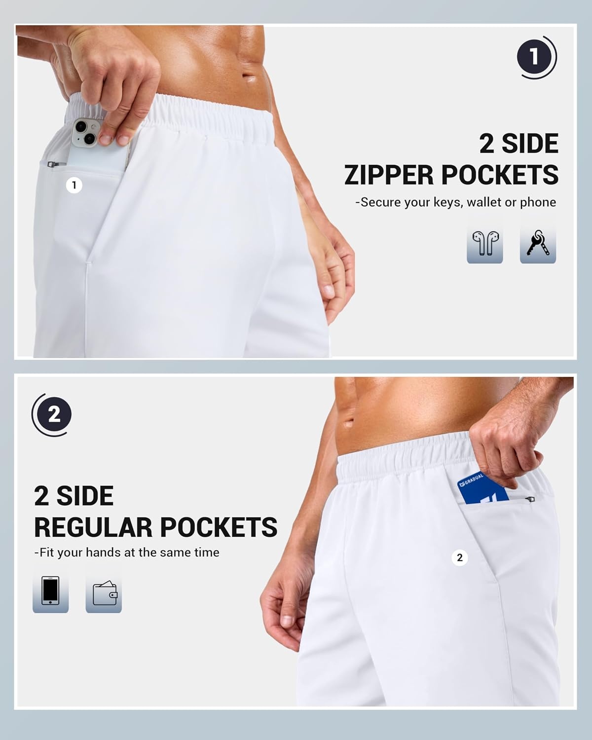 image:imageG Gradual Mens Workout Gym Shorts with 2 Zipper Pockets 7 5 9 Quick Dry Athletic Running Basketball Shorts for MenWhite