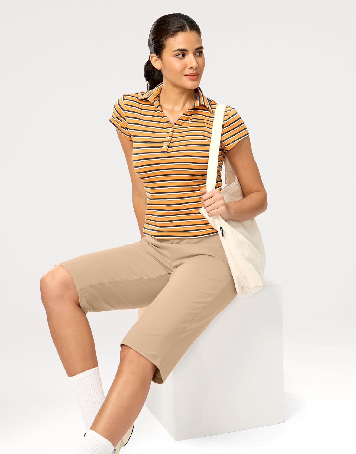 image:imageG Gradual 14 Long Shorts for Women Knee Length Capris with Pockets High Waisted Loose Fit Stretchy 2 Pockets Athletic Workout Summer Casual Walking Yoga Bermuda Shorts for WomenLight Khaki