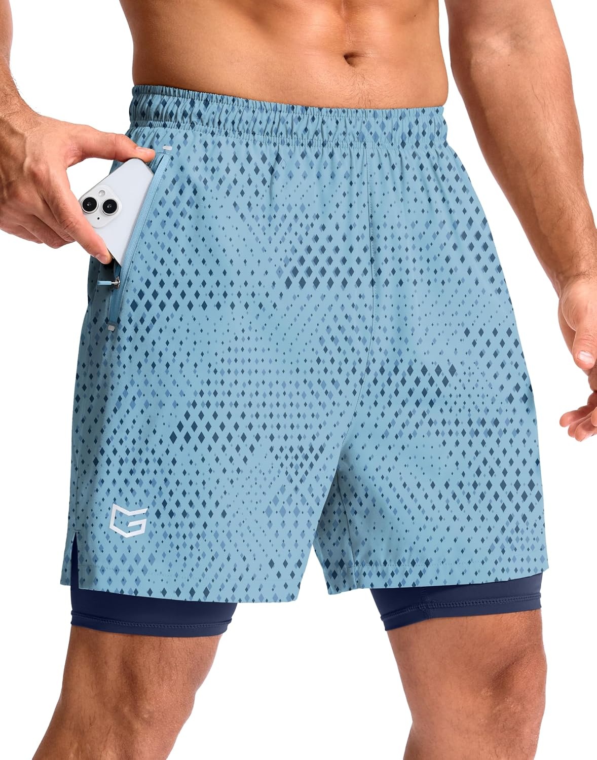 image:imageG Gradual Mens Running Gym Shorts with Compression Liner 5 7 9 Quick Dry Workout Athletic Shorts for Men Zipper PocketsBlue Geometry