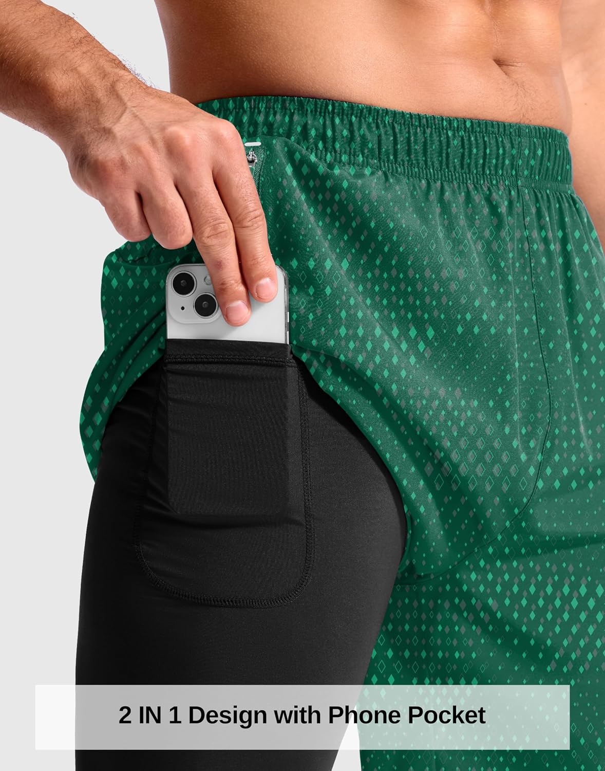 image:imageG Gradual Mens Running Gym Shorts with Compression Liner 5 7 9 Quick Dry Workout Athletic Shorts for Men Zipper PocketsGreen Geometry