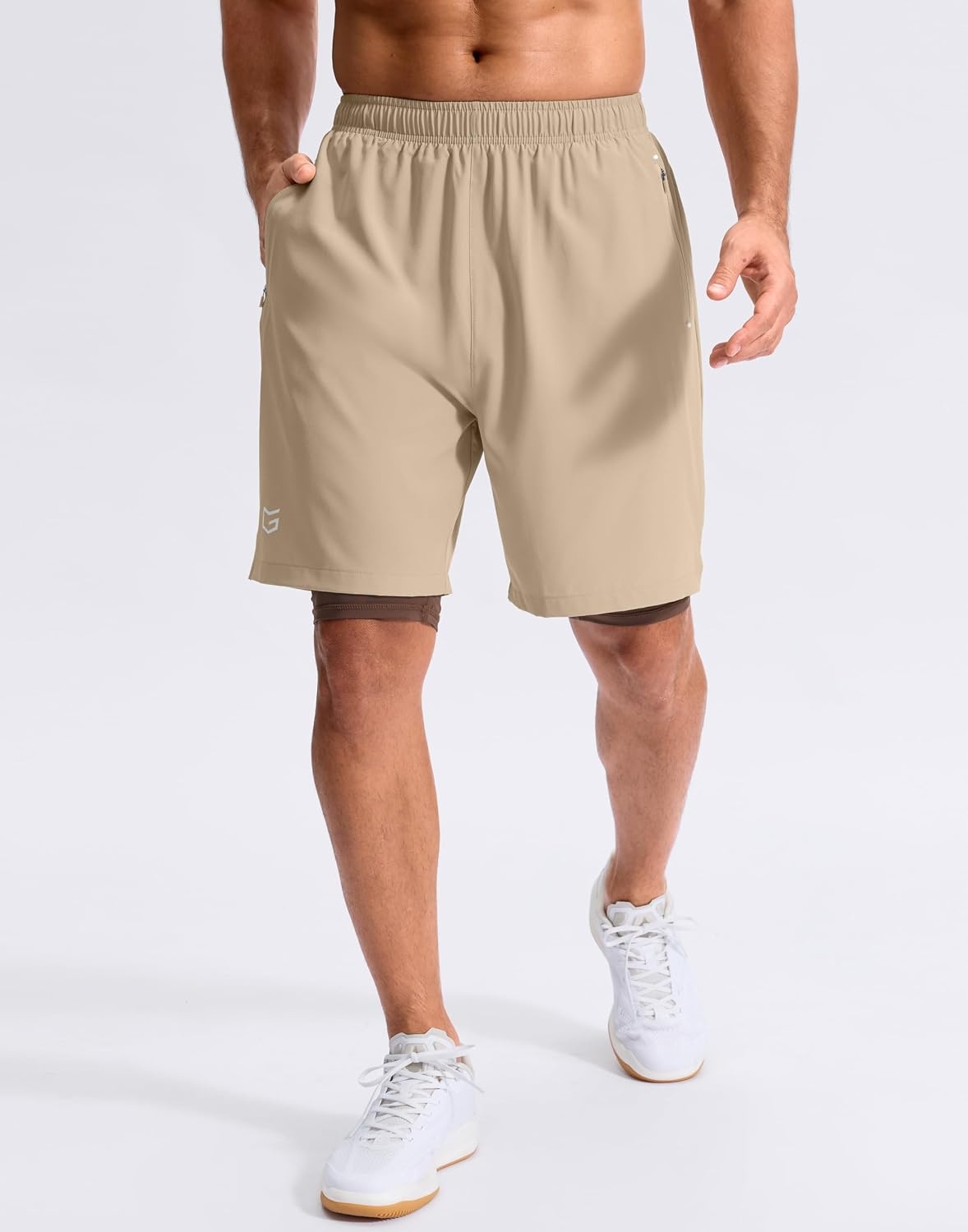 image:imageG Gradual Mens Running Gym Shorts with Compression Liner 5 7 9 Quick Dry Workout Athletic Shorts for Men Zipper PocketsKhaki