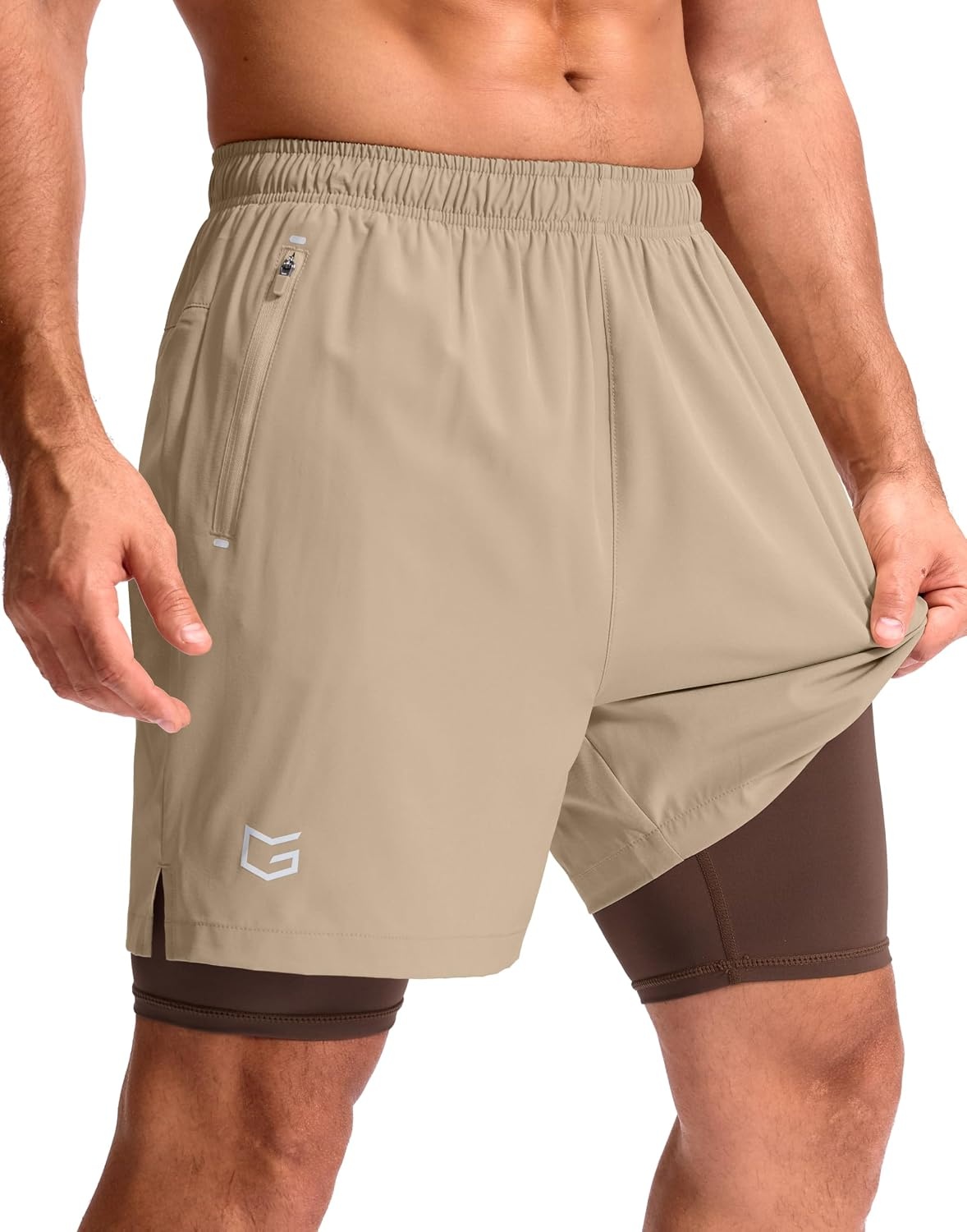 image:imageG Gradual Mens Running Gym Shorts with Compression Liner 5 7 9 Quick Dry Workout Athletic Shorts for Men Zipper PocketsKhaki