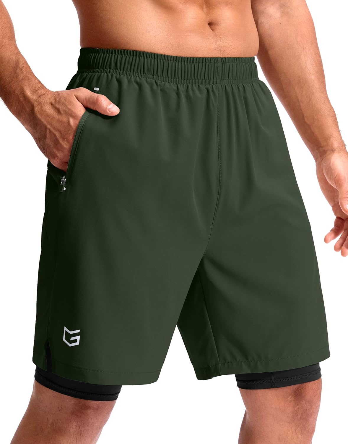 image:imageG Gradual Mens Running Gym Shorts with Compression Liner 5 7 9 Quick Dry Workout Athletic Shorts for Men Zipper PocketsOlive