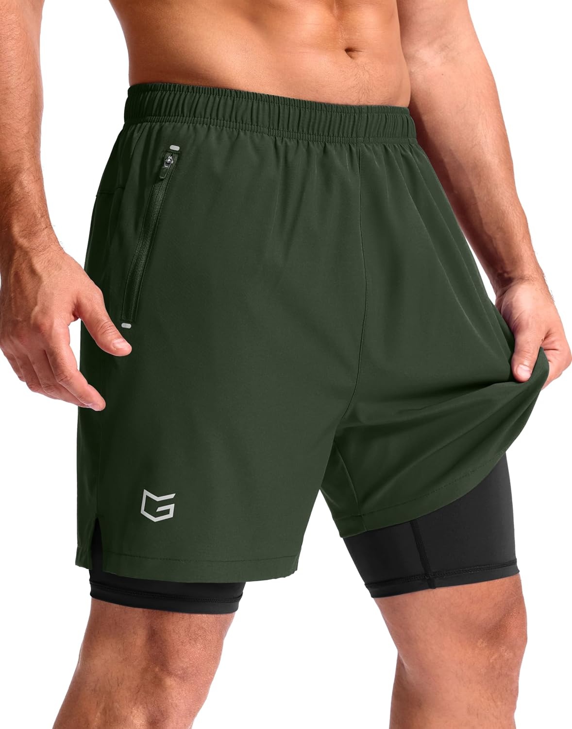 image:imageG Gradual Mens Running Gym Shorts with Compression Liner 5 7 9 Quick Dry Workout Athletic Shorts for Men Zipper PocketsOlive