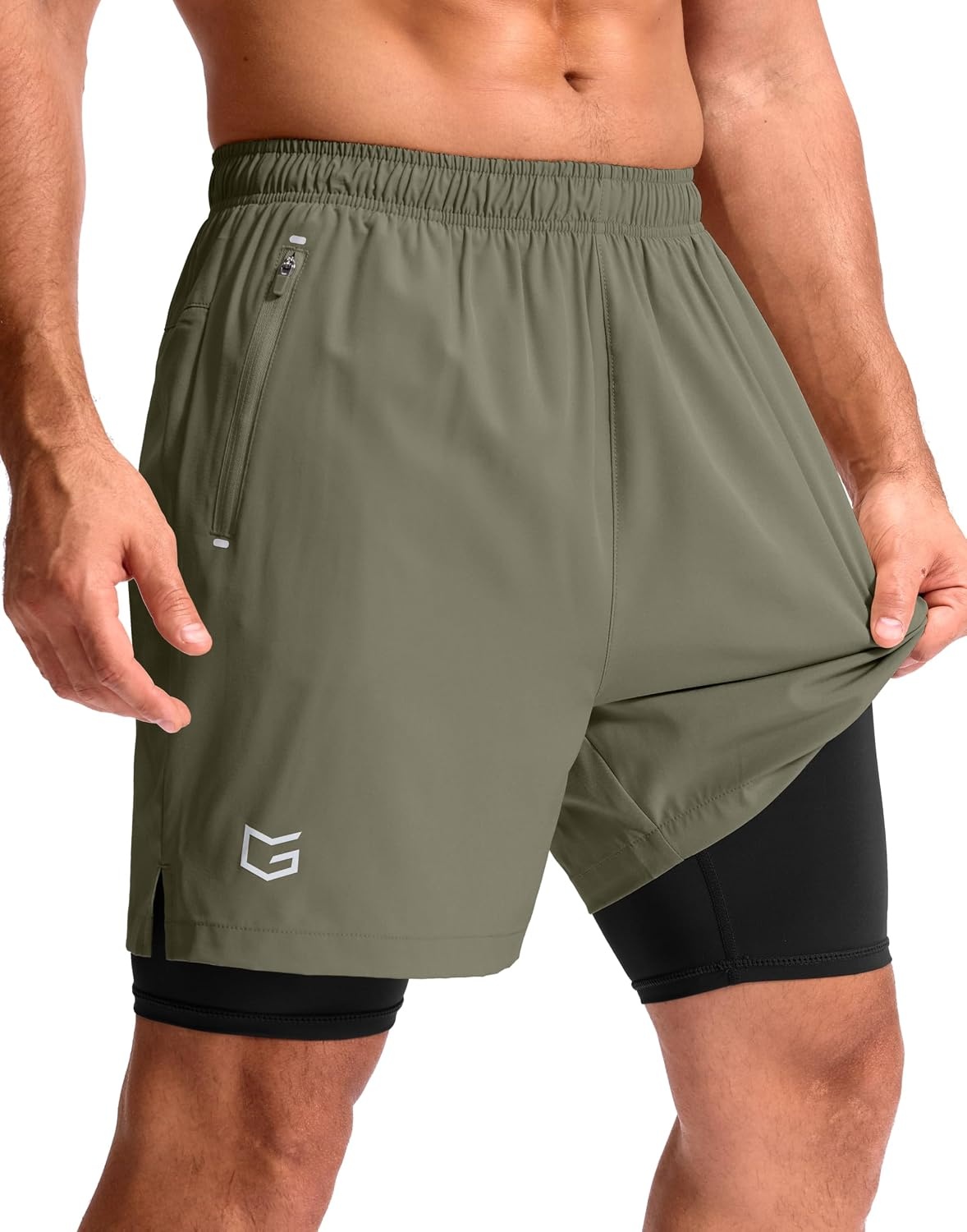 image:imageG Gradual Mens Running Gym Shorts with Compression Liner 5 7 9 Quick Dry Workout Athletic Shorts for Men Zipper PocketsSage Green