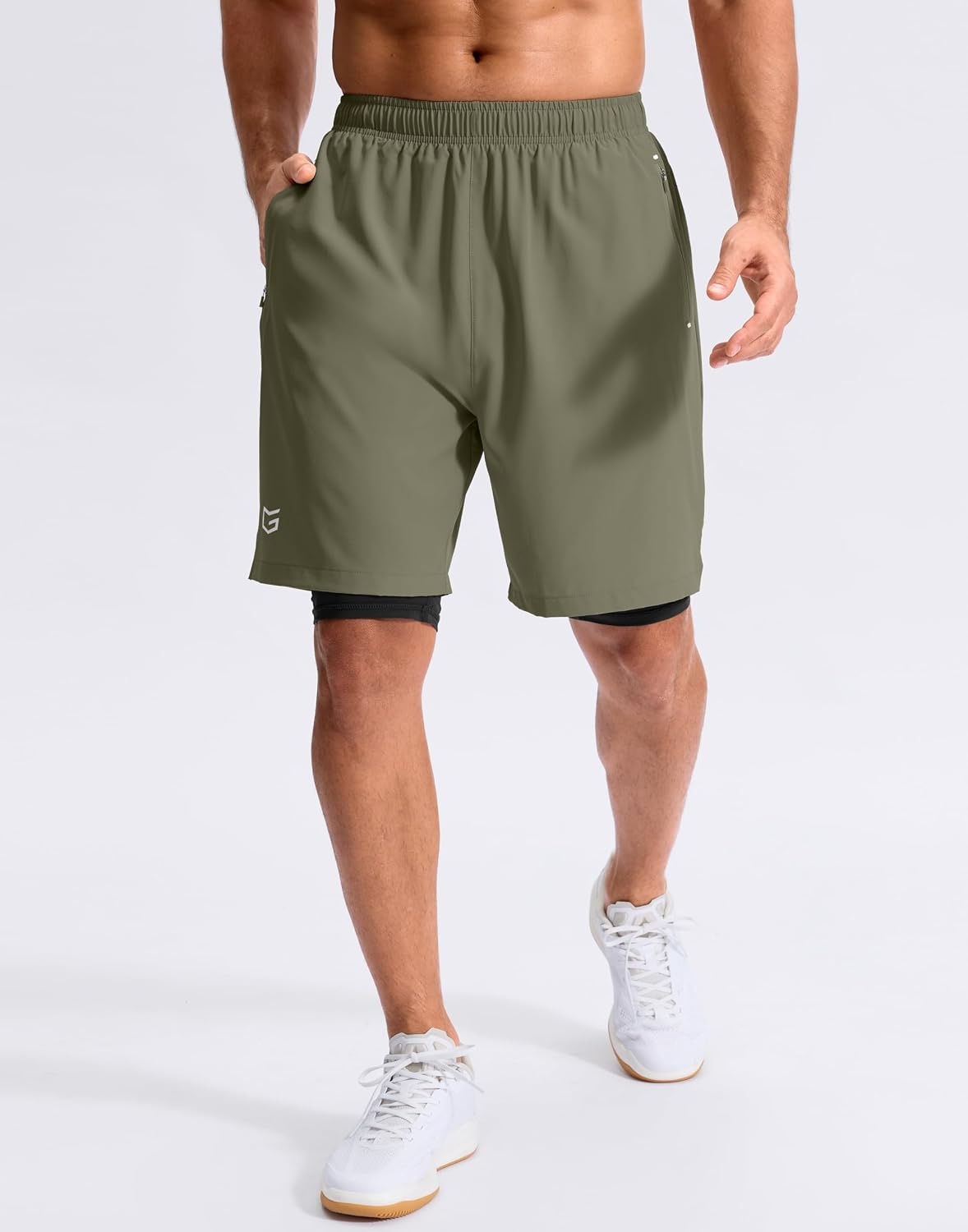 image:imageG Gradual Mens Running Gym Shorts with Compression Liner 5 7 9 Quick Dry Workout Athletic Shorts for Men Zipper PocketsSage Green