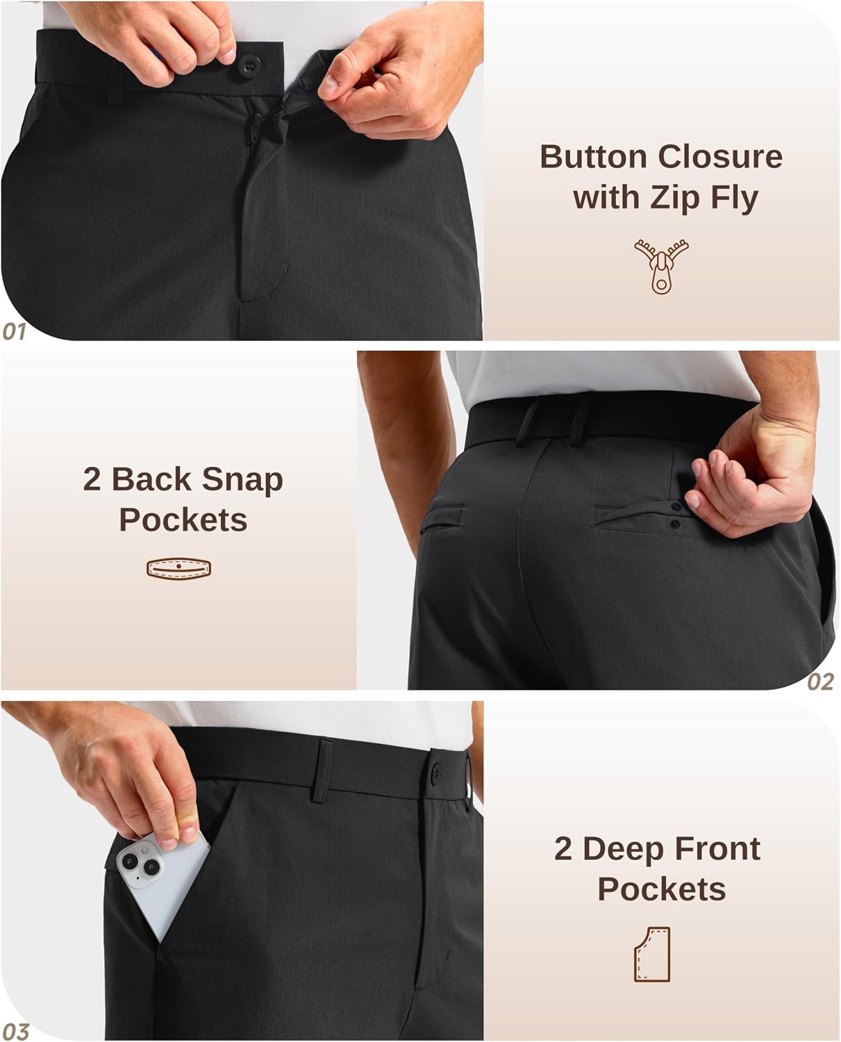 image:imageMens Golf Shorts 12 Long 4 Pockets Lightweight Knee Length Quick Dry Breathable Straight Fit Casual Hiking Work Travel ShortBlack