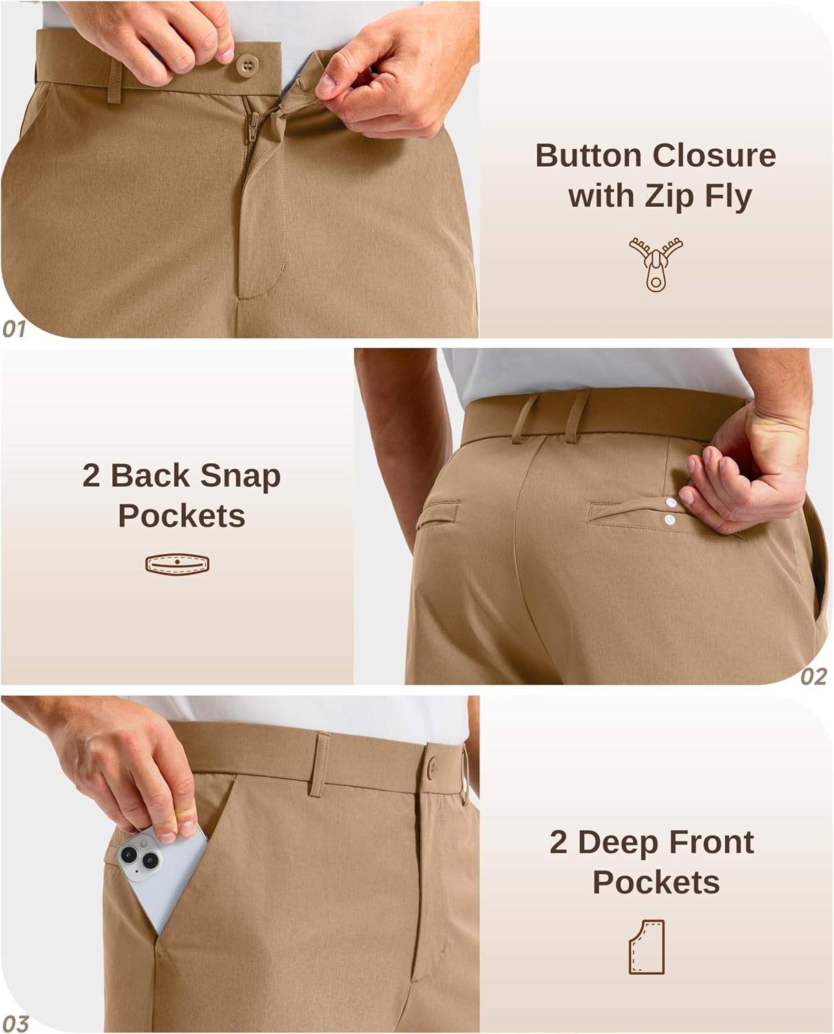 image:imageMens Golf Shorts 12 Long 4 Pockets Lightweight Knee Length Quick Dry Breathable Straight Fit Casual Hiking Work Travel ShortDark Khaki