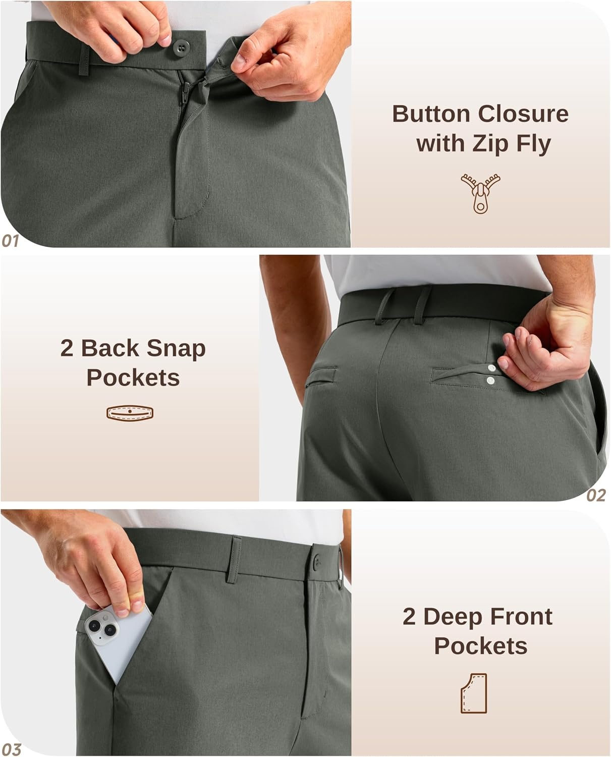 image:imageMens Golf Shorts 12 Long 4 Pockets Lightweight Knee Length Quick Dry Breathable Straight Fit Casual Hiking Work Travel ShortGrey Sage