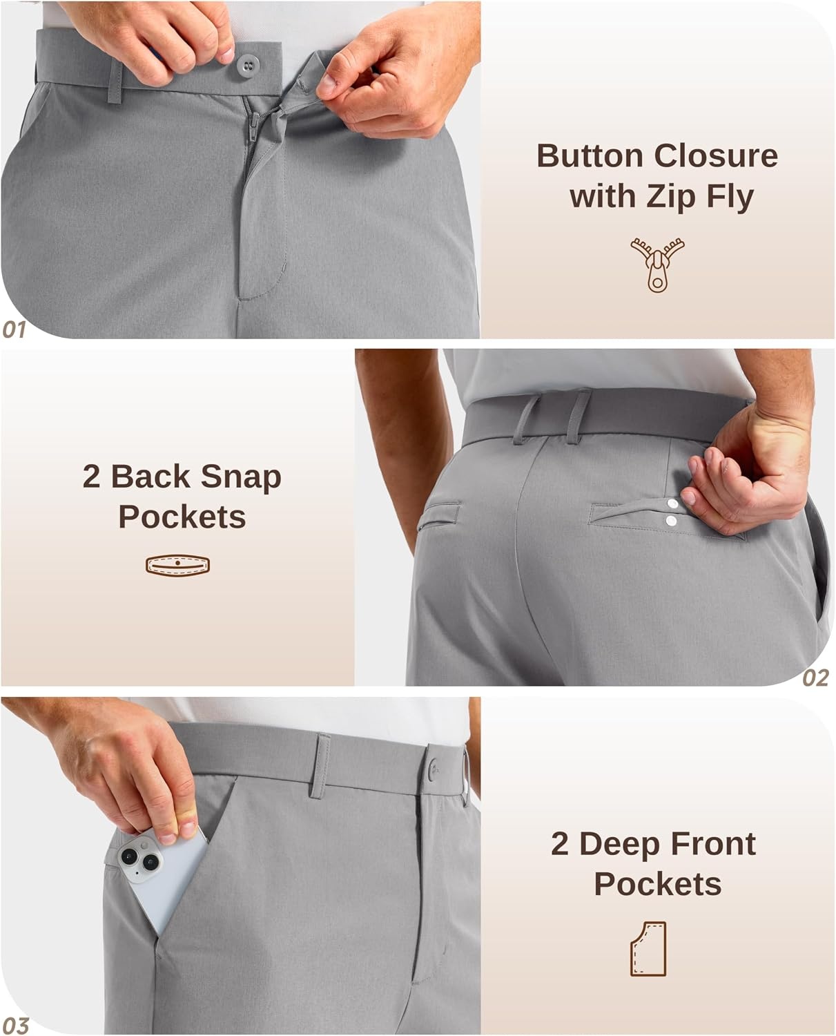 image:imageMens Golf Shorts 12 Long 4 Pockets Lightweight Knee Length Quick Dry Breathable Straight Fit Casual Hiking Work Travel ShortLight Grey