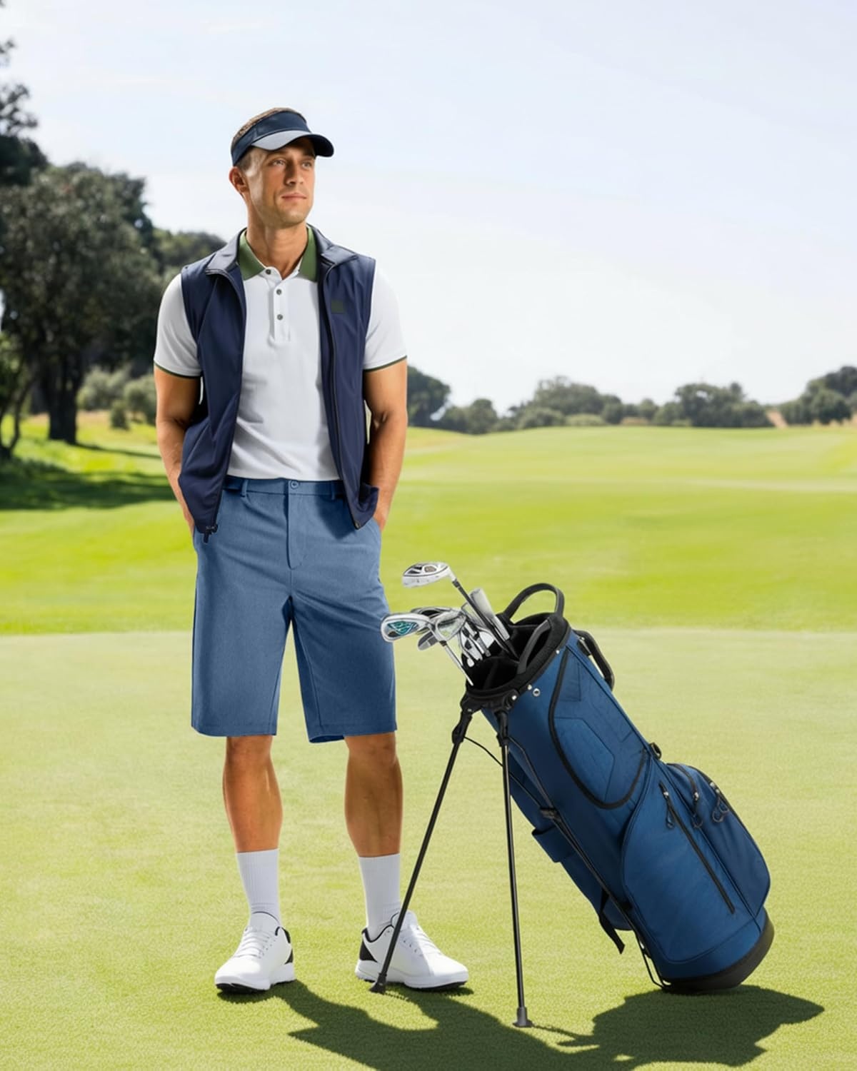 image:imageMens Golf Shorts 12 Long 4 Pockets Lightweight Knee Length Quick Dry Breathable Straight Fit Casual Hiking Work Travel ShortSlate Blue