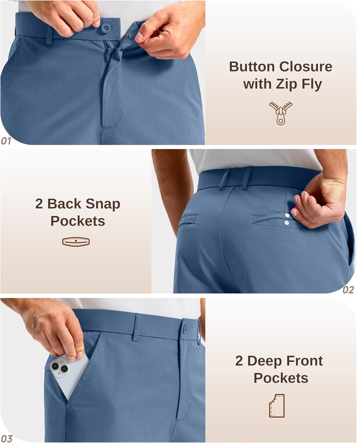 image:imageMens Golf Shorts 12 Long 4 Pockets Lightweight Knee Length Quick Dry Breathable Straight Fit Casual Hiking Work Travel ShortSlate Blue
