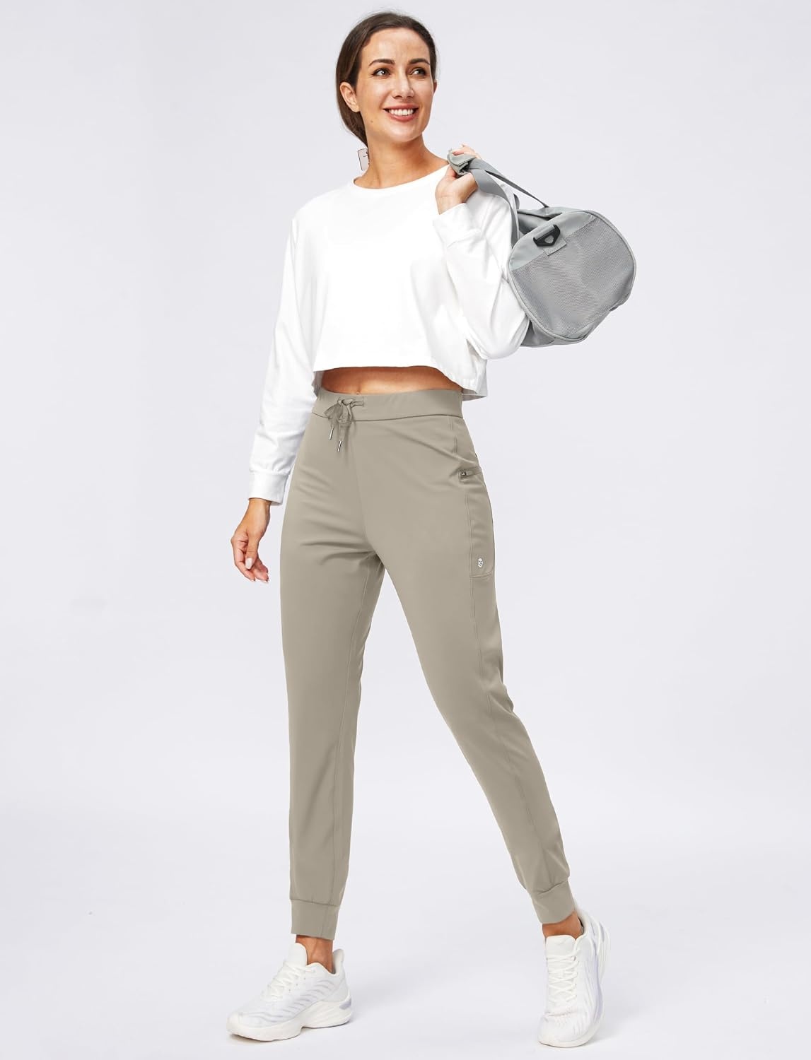 image:imageWomens Joggers with Zipper Pockets Tapered Athletic Pants for Women Stretchy Lounge Jogging Workout Soft Elastic Waistband Drawstring Cuffed AnkleCarbon Dust