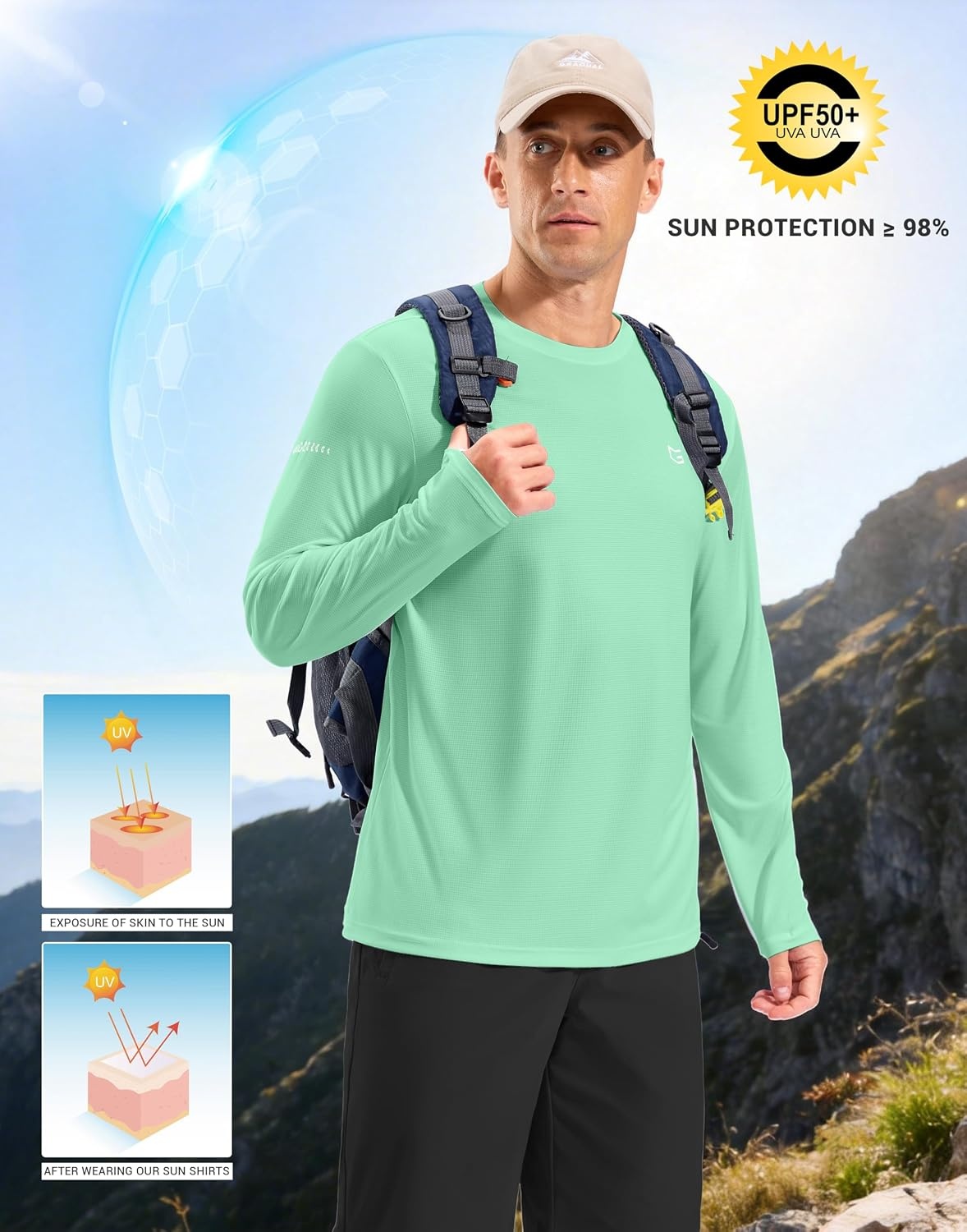 image:imageMens Sun Protection UPF 50 Grid Swim Long Sleeve Rash Guard SPF UV Shirts Lightweight Breathable Cooling Quick Dry Workout Athletic Fishing Hiking Surfing Thumb Hole Reflective Design ShirtMint Green