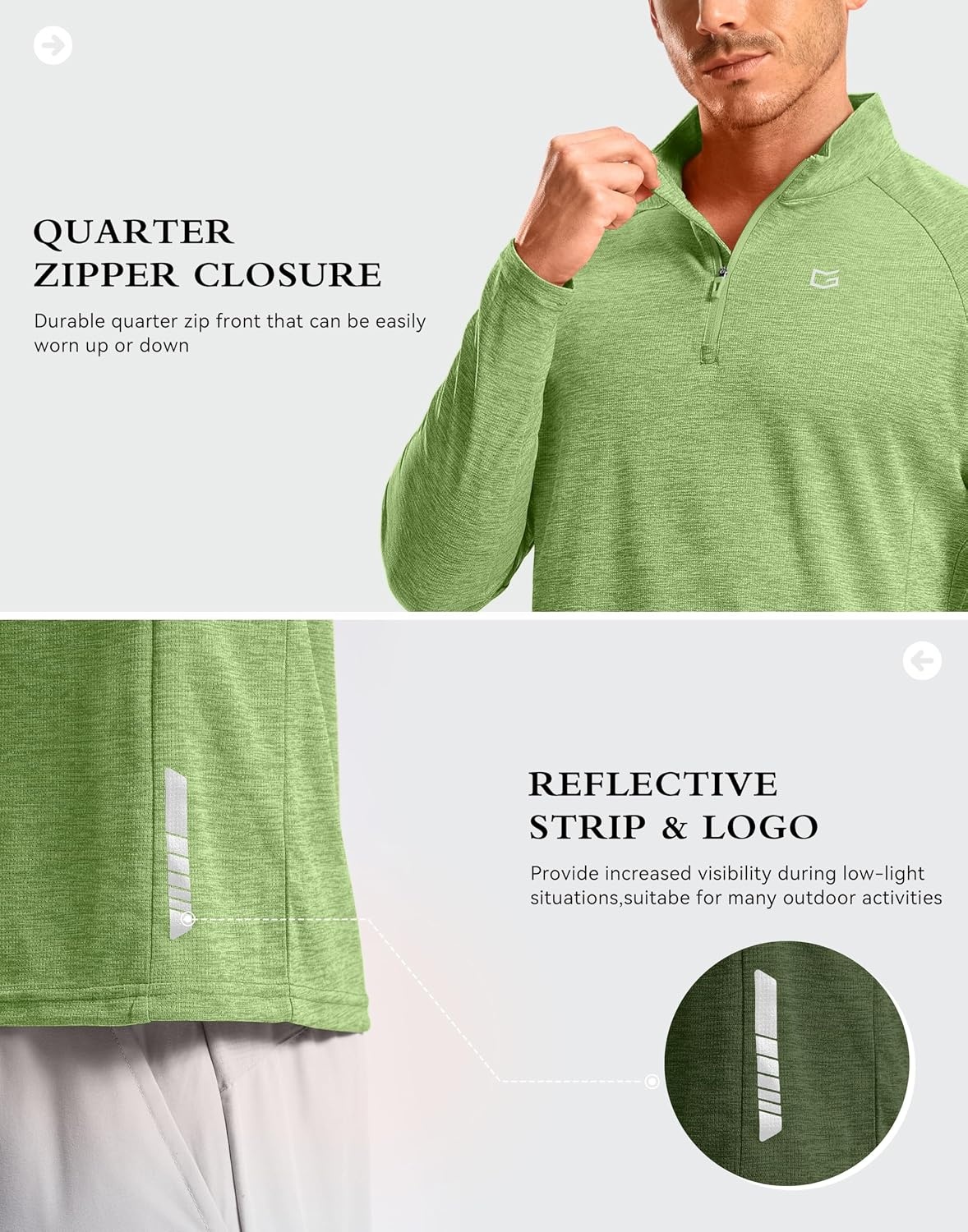 image:imageG Gradual Mens Quarter Zip Pullover Running Athletic Shirts Long SleeveLight Green Heather