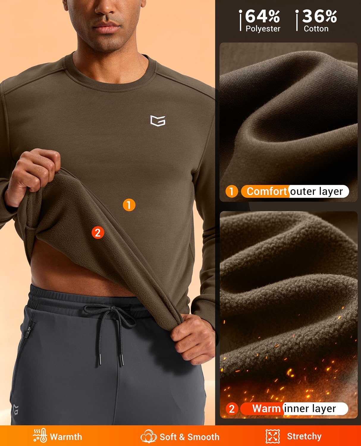 image:imageMens Fleece Lined Crewneck Sweatshirt Athletic Midweight Regular FitApricot Brown
