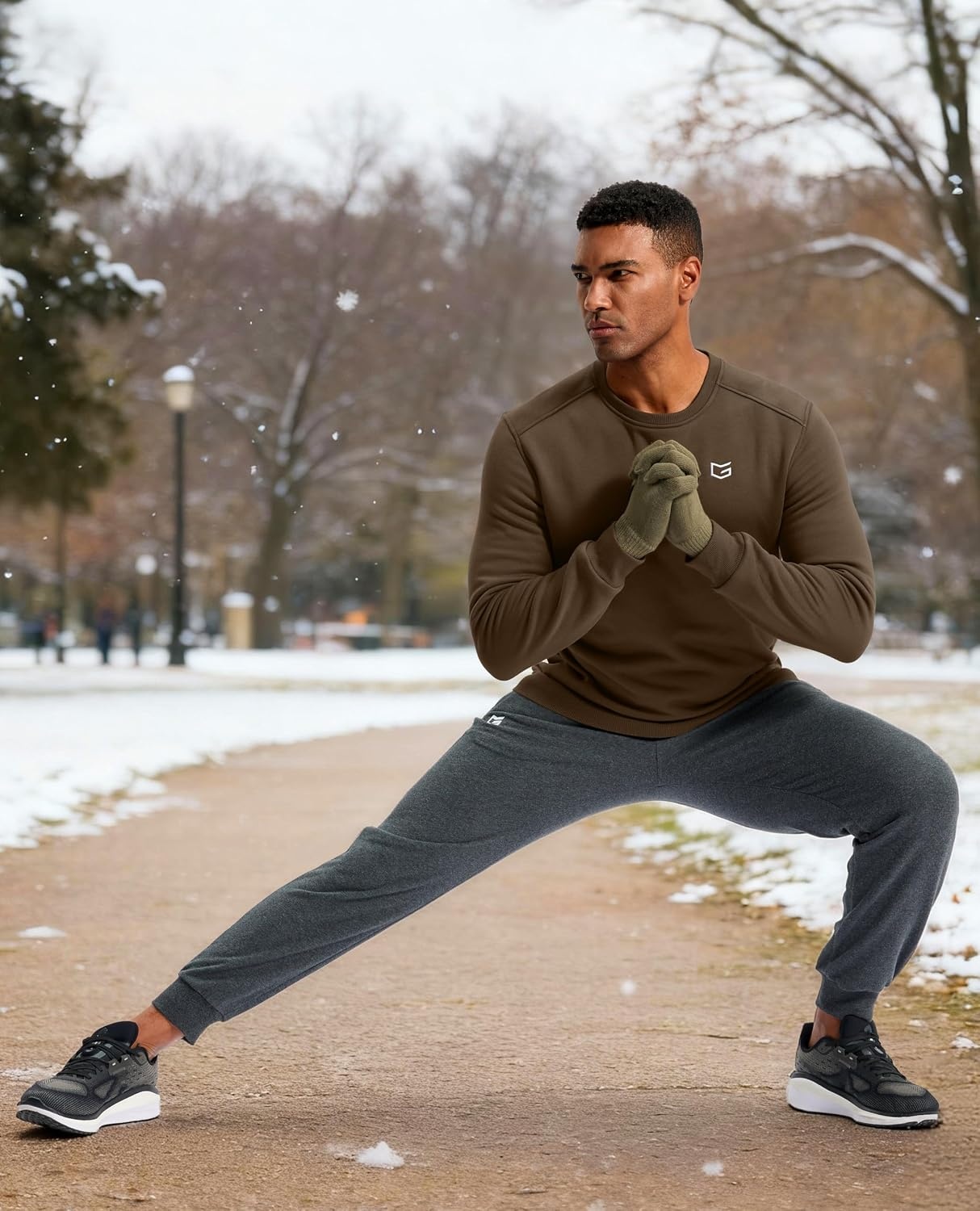 image:imageMens Fleece Lined Crewneck Sweatshirt Athletic Midweight Regular FitApricot Brown