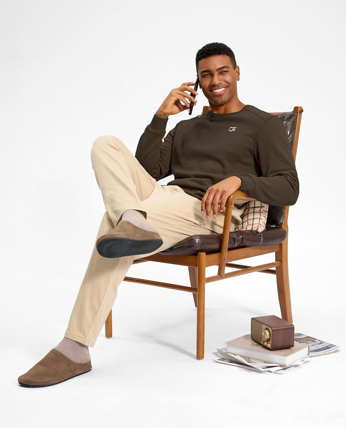 image:imageMens Fleece Lined Crewneck Sweatshirt Athletic Midweight Regular FitApricot Brown