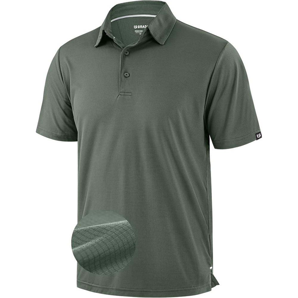 image:imageMens Golf Shirt Grid Lightweight Short Sleeve Dry Fit Collared Polo ShirtsAsh Green