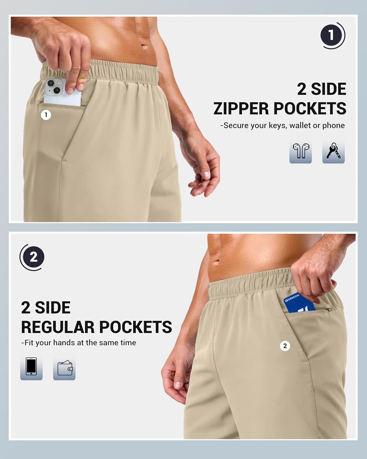 image:imageG Gradual Mens Athletic Running Shorts with 2 Zipper Pockets 7 5 9Khaki