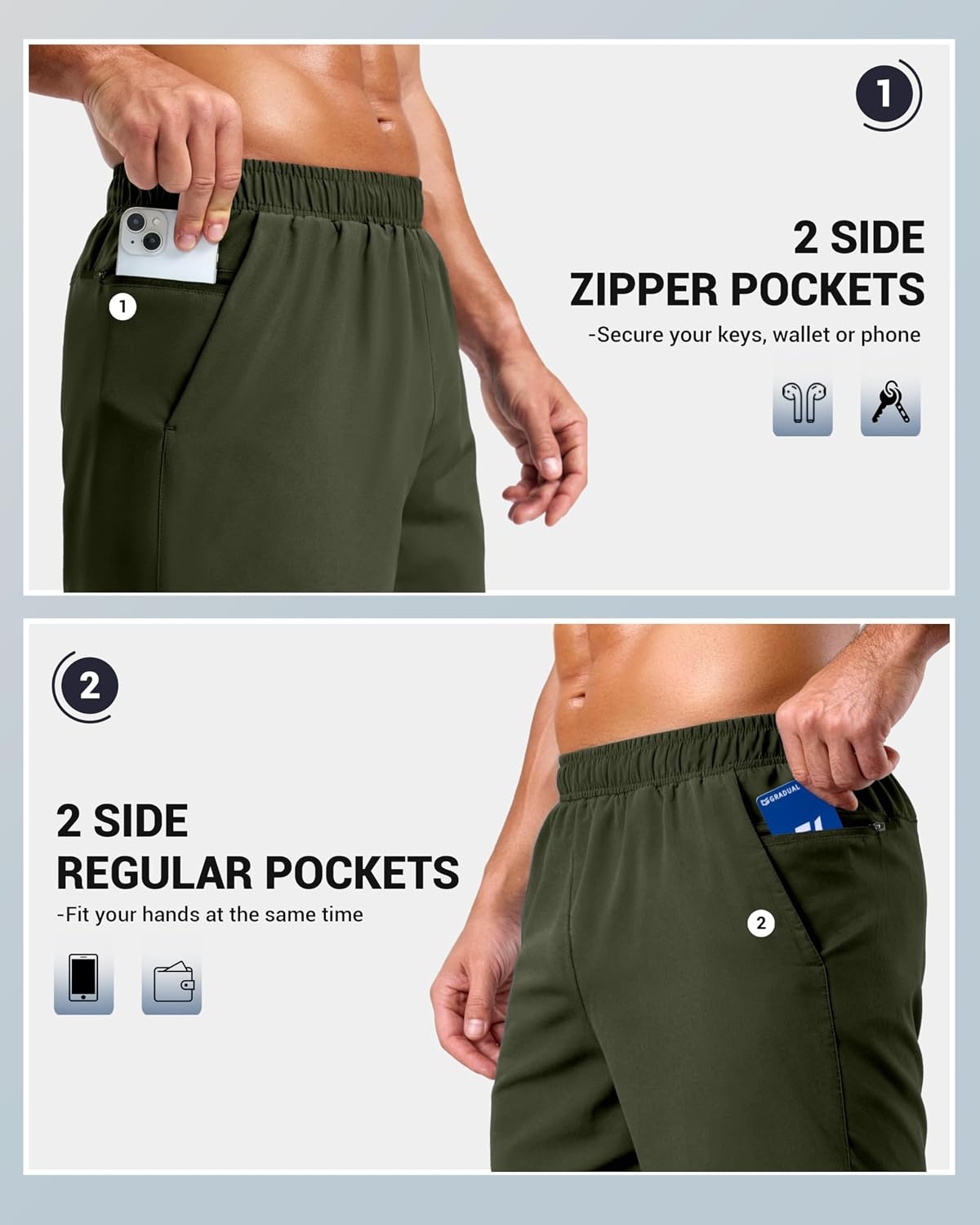 image:imageG Gradual Mens Athletic Running Shorts with 2 Zipper Pockets 7 5 9Olive
