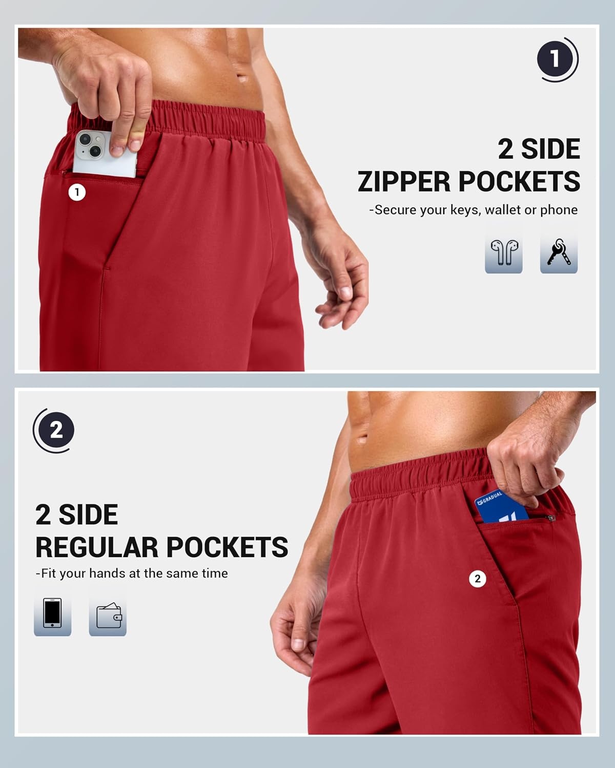 image:imageG Gradual Mens Athletic Running Shorts with 2 Zipper Pockets 7 5 9Red