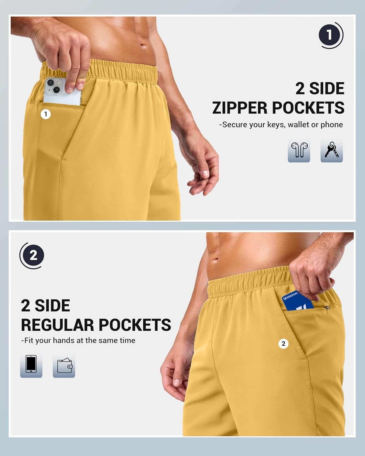 image:imageG Gradual Mens Athletic Running Shorts with 2 Zipper Pockets 7 5 9Yellow