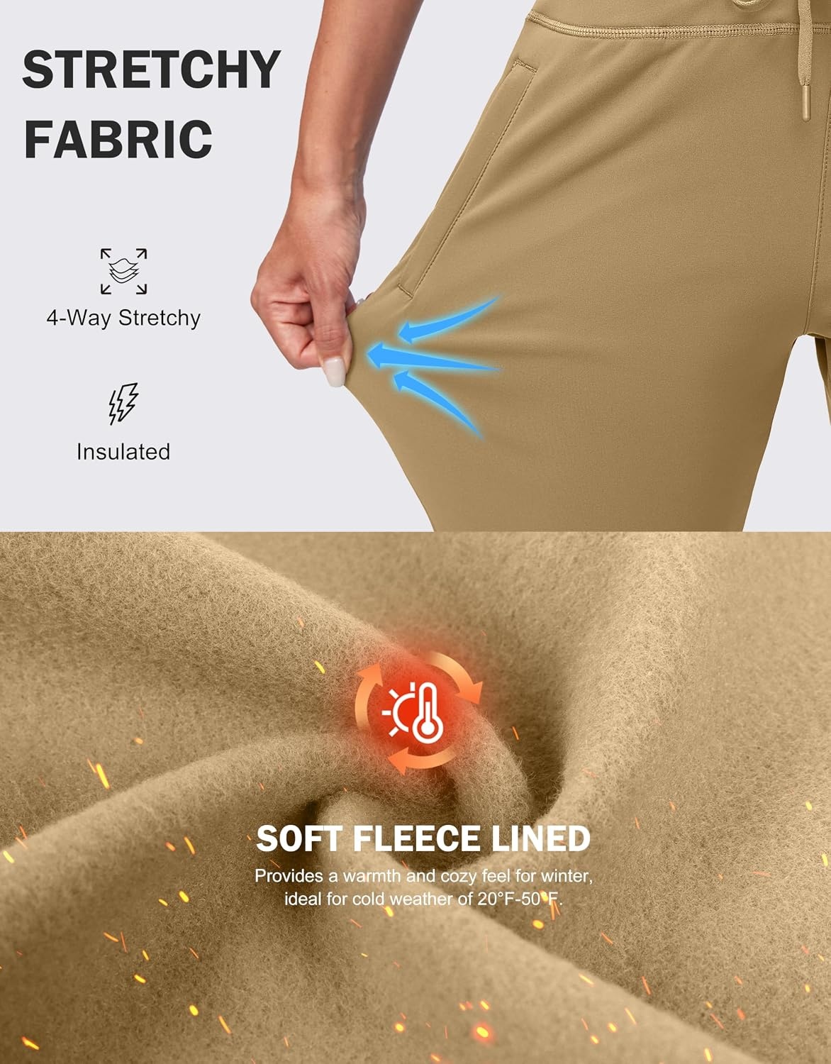 image:imageG Gradual Womens Fleece Lined Joggers High Waisted Water Resistant Thermal Winter Sweatpants Running Hiking PocketsDark Khaki