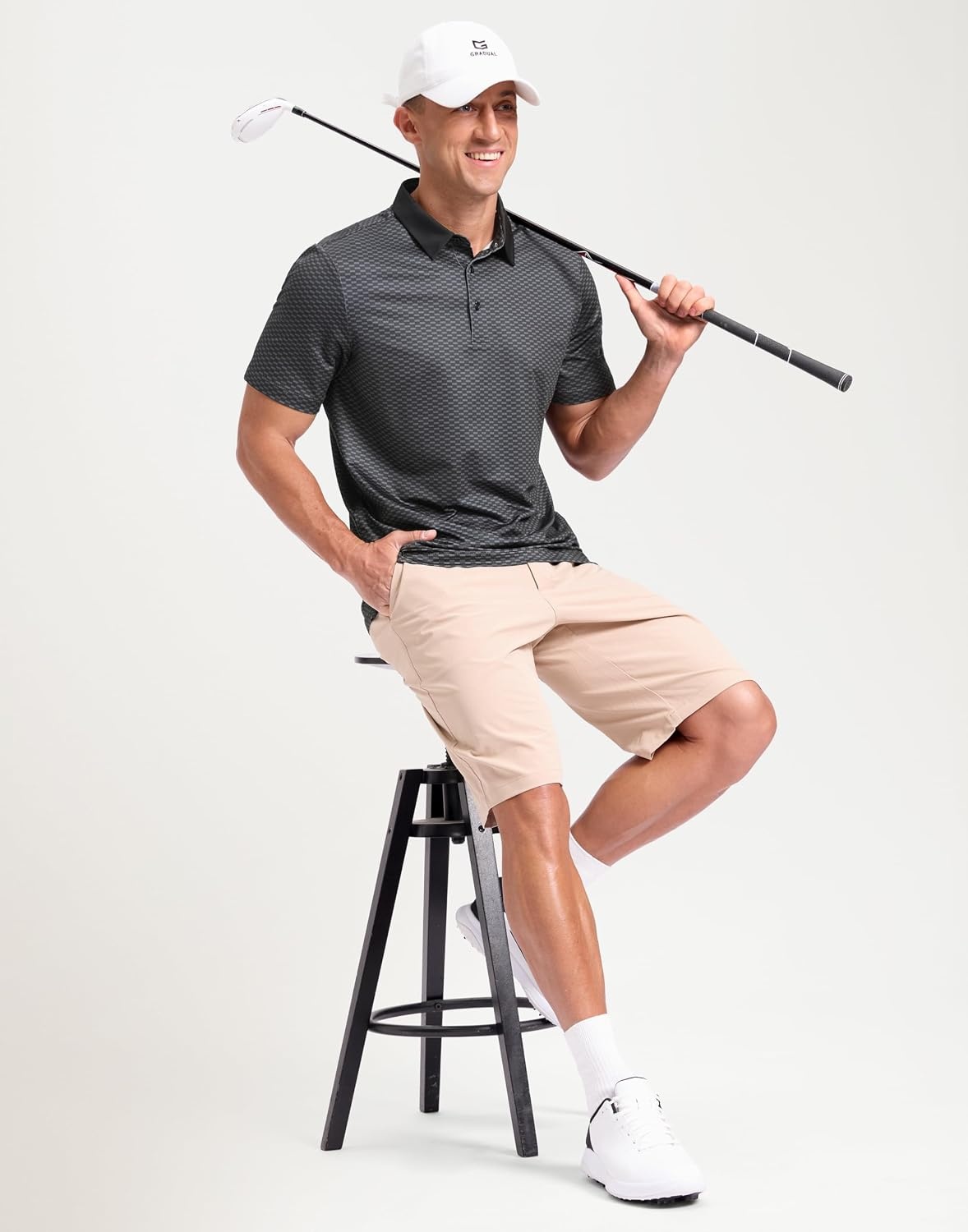 image:imageMens Golf Polo Shirts Dry Fit Print Golf Shirts for Men BreathableDeep Grey Grid