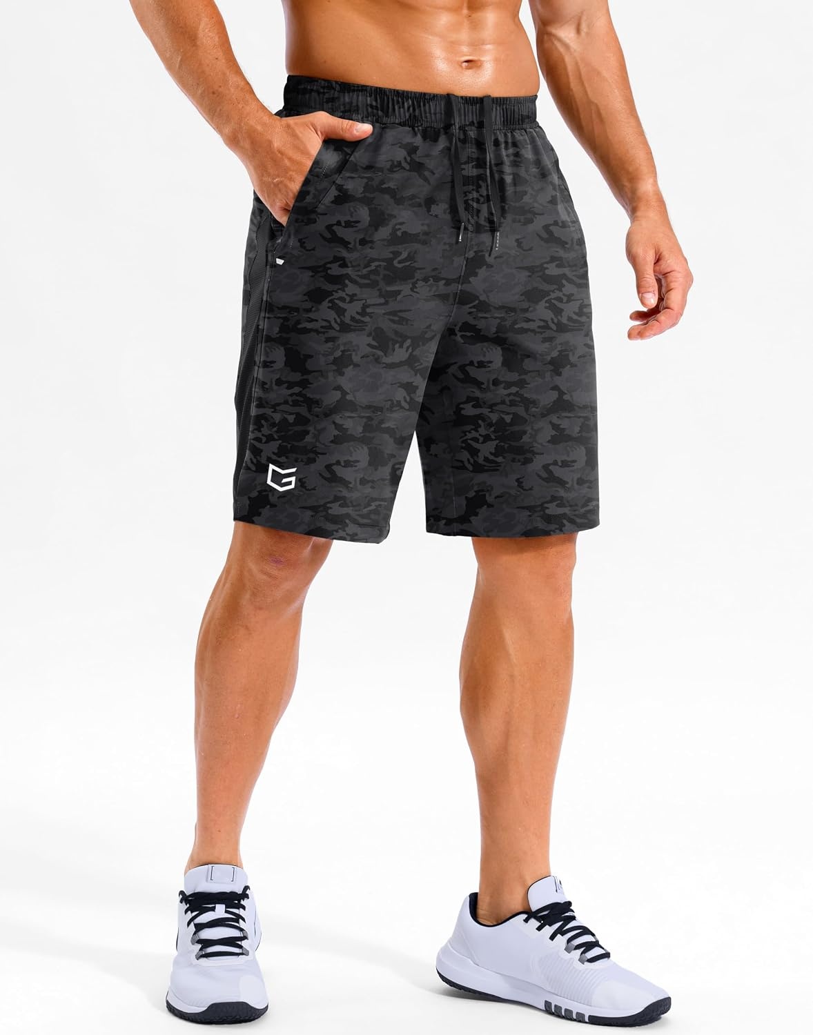 image:imageMens Running Athletic Shorts 795 Zip Pockets Gym Workout ShortBlack Camo