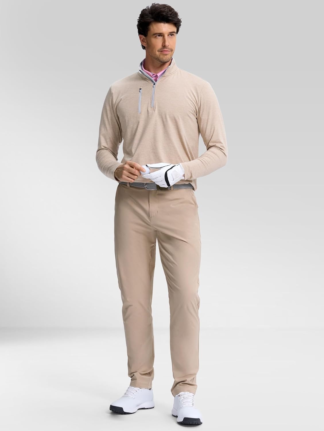 image:imageMens Quarter Zip Golf Pullover with Chest Pocket Lightweight SweatshirtHeather Khaki