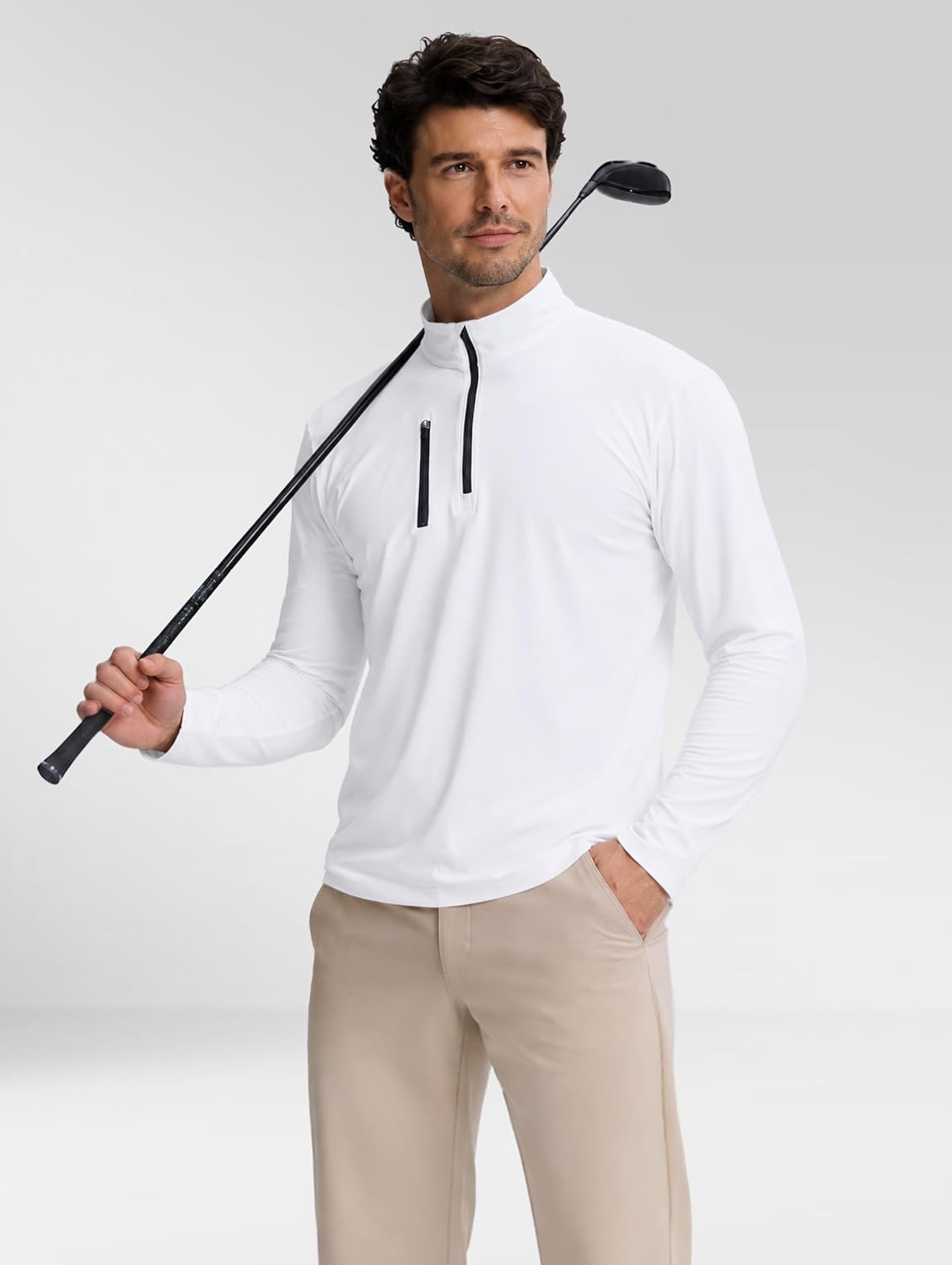 image:imageMens Quarter Zip Golf Pullover with Chest Pocket Lightweight SweatshirtWhite