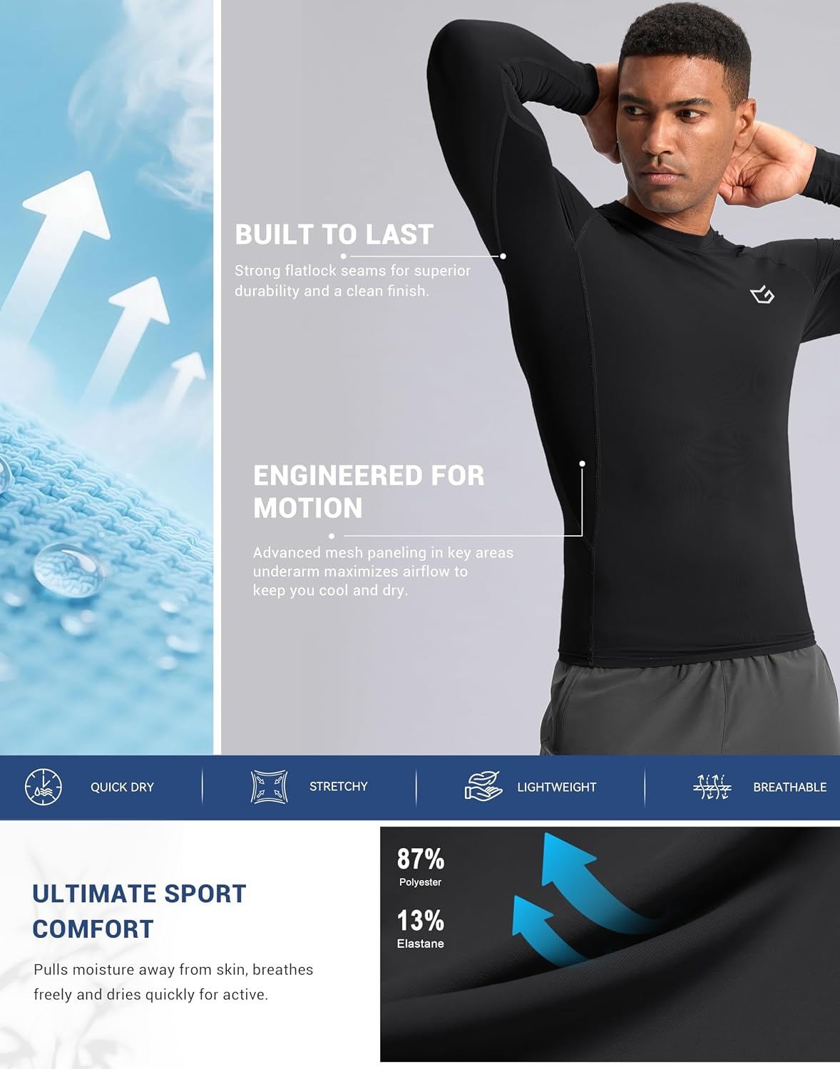 image:imageG Gradual Mens Compression Shirt Long Sleeve Moisture Wicking Running TopsBlack