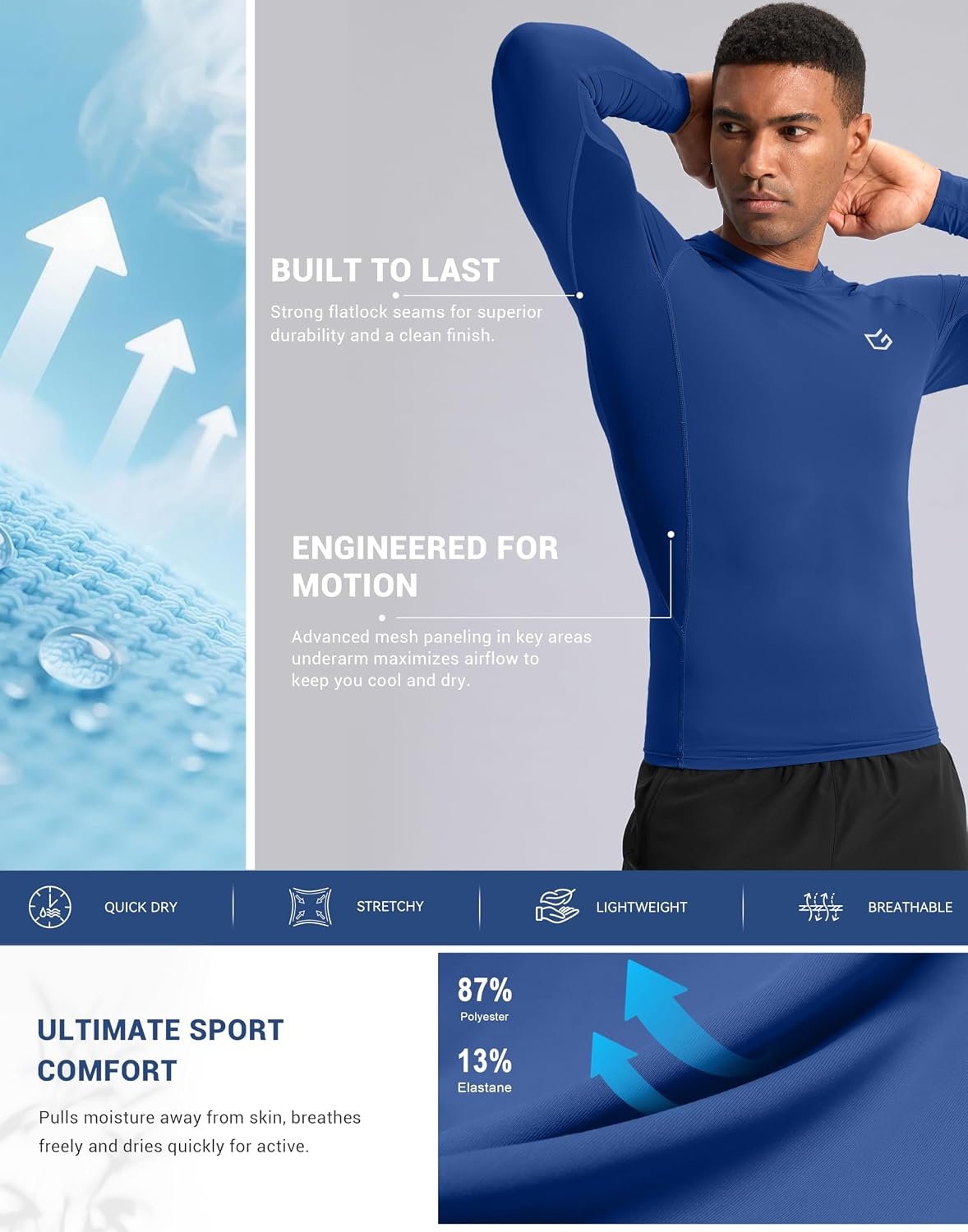 image:imageG Gradual Mens Compression Shirt Long Sleeve Moisture Wicking Running TopsBlue