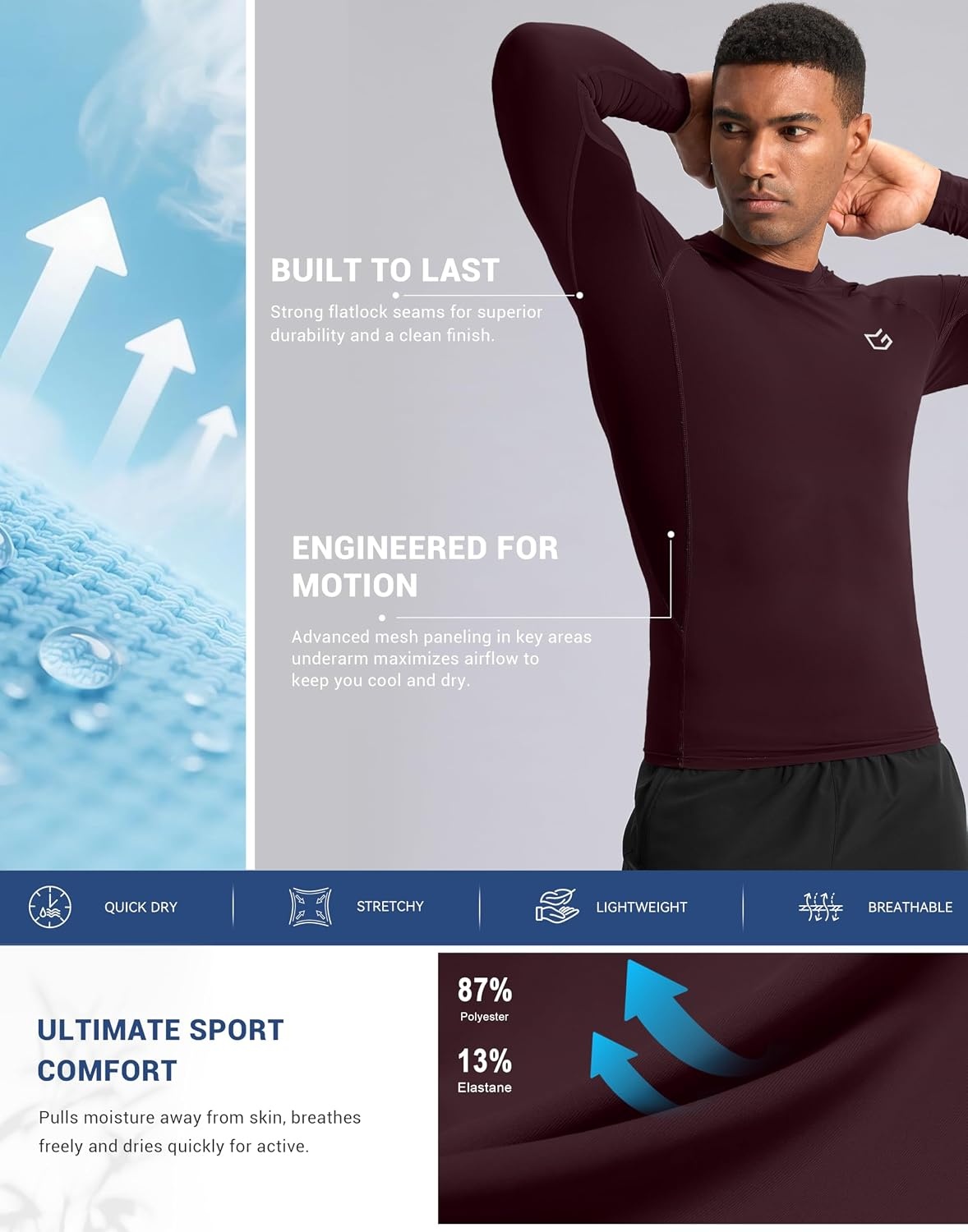 image:imageG Gradual Mens Compression Shirt Long Sleeve Moisture Wicking Running TopsMaroon